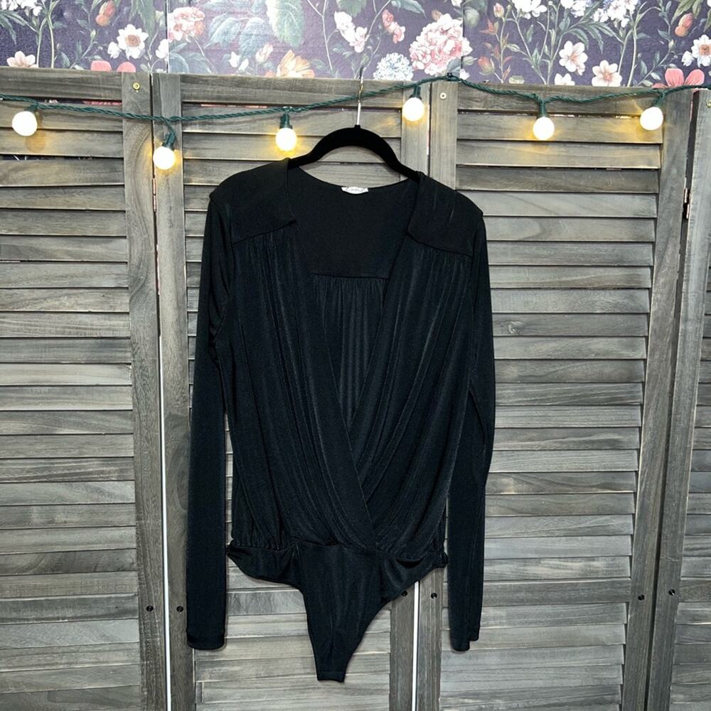 Black Draped Surplice Bodysuit Long Sleeve Intimately Free People Size L - Picture 2 of 9